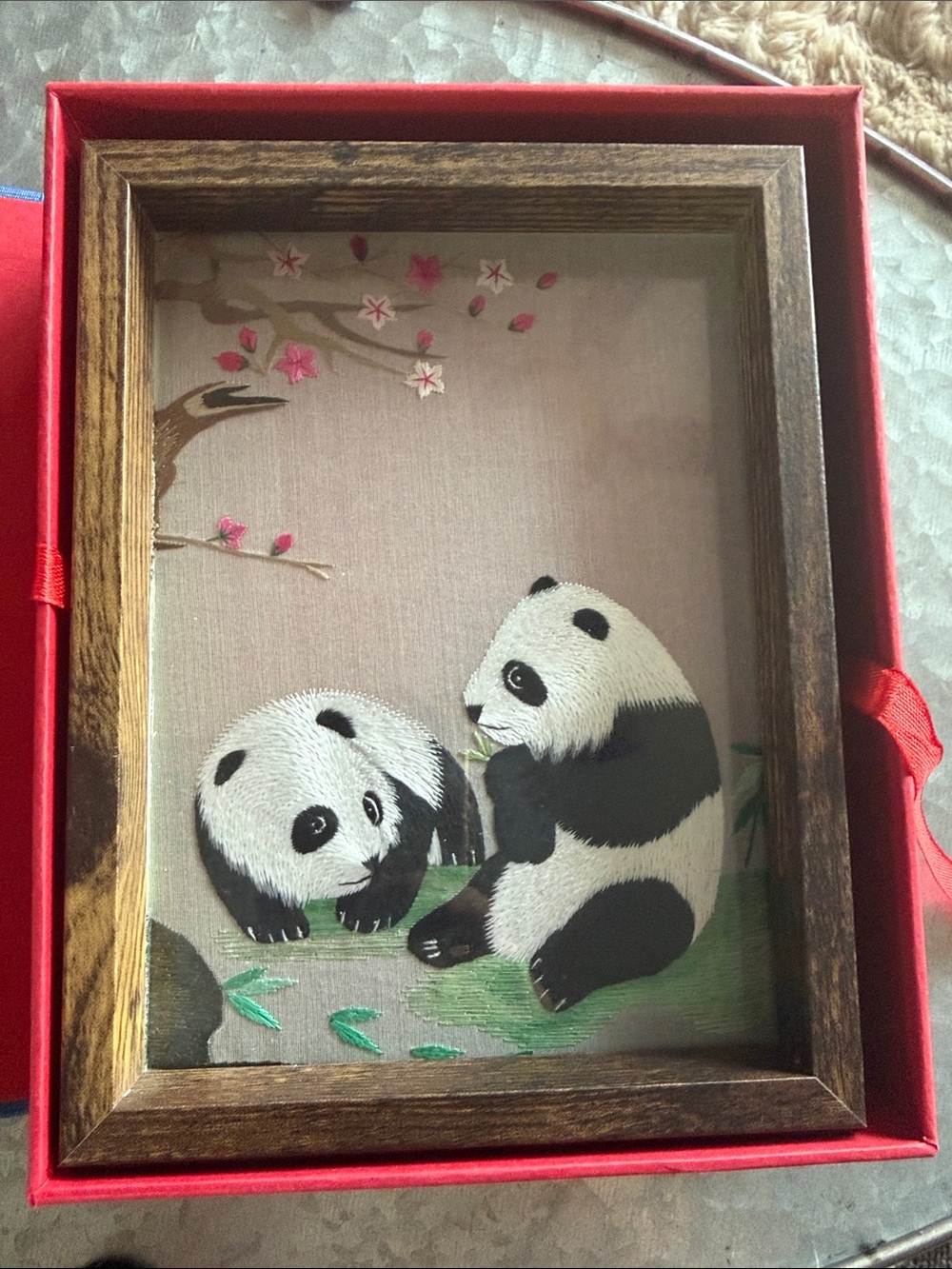 Silk Art Chinese Panda Shu Bamboo Framed 3D Art Double Sided in Box